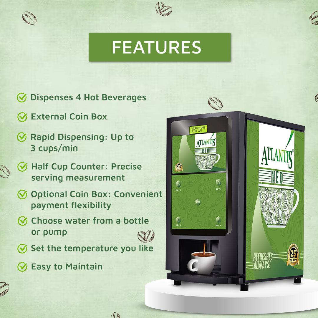 Atlantis Neo Coin Operated 4-Lane Tea Coffee Vending Machine – Dedicated Hot Water