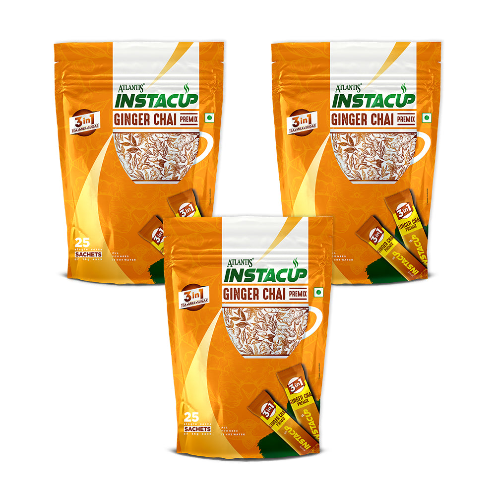 ATLANTIS INSTACUP 3-IN-1 Ginger Tea Premix Single Serve Sachets Pack | 25 Sachets X 14 Grams Pouch Pack | Travel-Friendly Zipper Lock Pack | Just Add Hot Water & Stir