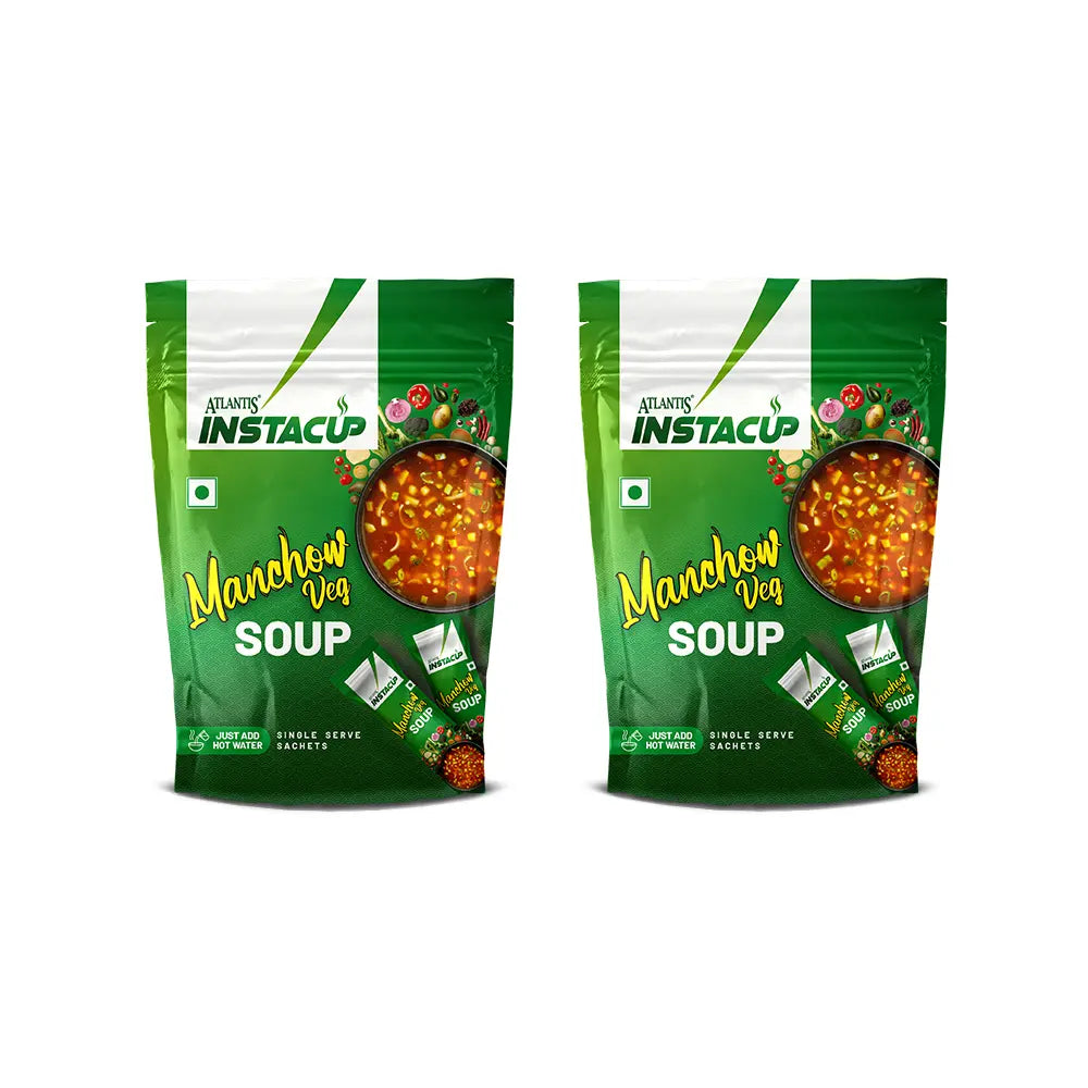 ATLANTIS INSTACUP MANCHOW Veg Single Serve Sachets Soup Pack | Zesty Flavor 18 Sachets X 20 Grams | Travel-Friendly Zipper Lock Pack | Just Add Hot Water & Stir