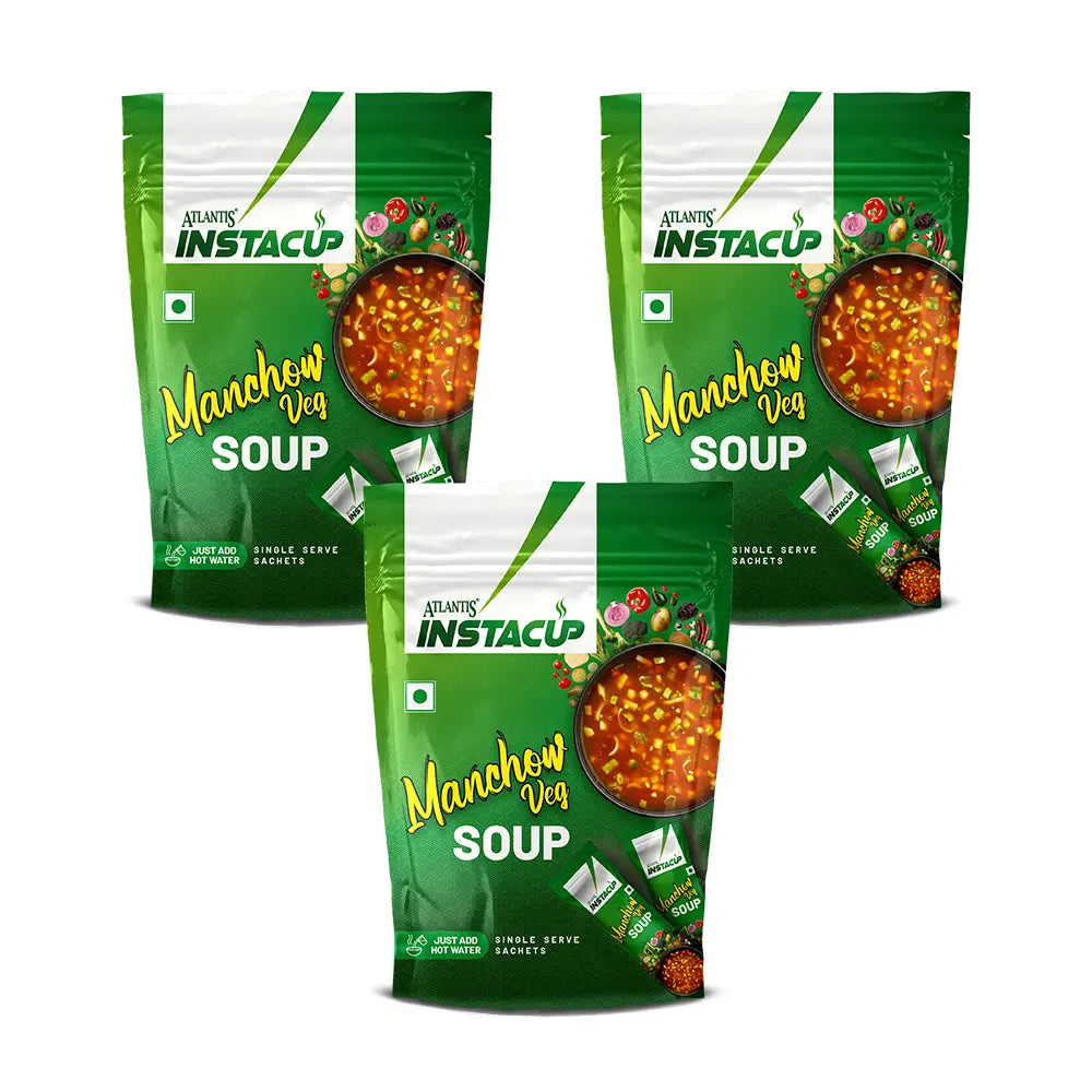 ATLANTIS INSTACUP MANCHOW Veg Single Serve Sachets Soup Pack | Zesty Flavor 18 Sachets X 20 Grams | Travel-Friendly Zipper Lock Pack | Just Add Hot Water & Stir