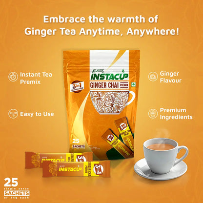 ATLANTIS INSTACUP 3-IN-1 Ginger Tea Premix Single Serve Sachets Pack | 25 Sachets X 14 Grams Pouch Pack | Travel-Friendly Zipper Lock Pack | Just Add Hot Water & Stir