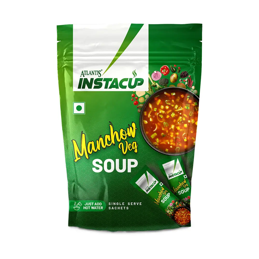 ATLANTIS INSTACUP MANCHOW Veg Single Serve Sachets Soup Pack | Zesty Flavor 18 Sachets X 20 Grams | Travel-Friendly Zipper Lock Pack | Just Add Hot Water & Stir