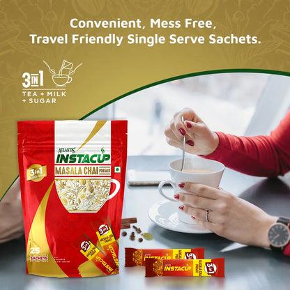 Atlantis InstaCup 3-IN-1 MASALA Chai Premix Single Serve Sachets Pack | 25 Sachets X 14 Grams Pouch Pack | Travel-Friendly Zipper Pack | Just Add Hot Water & Stir