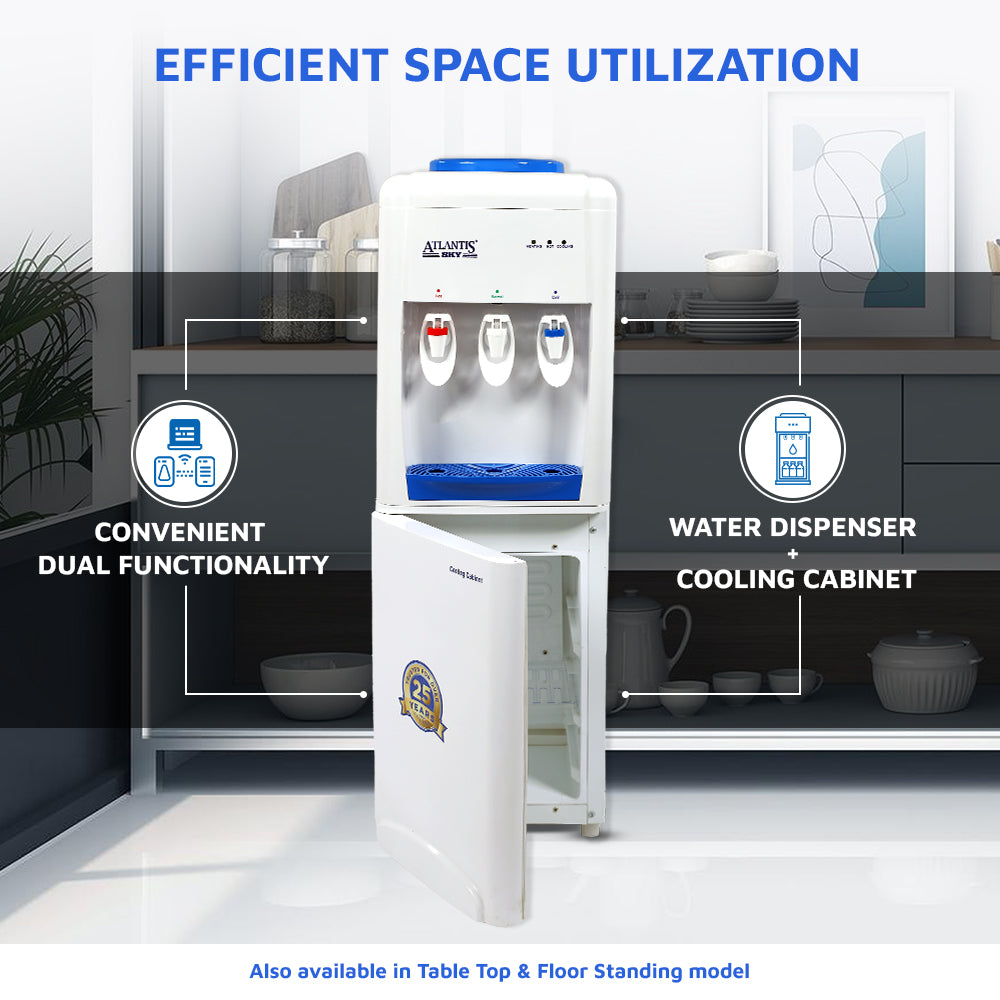 ATLANTIS SKY (Hot, Normal & Cold) Floor Standing Water Dispenser | Cooling Cabinet (Small Fridge)- 3 Taps