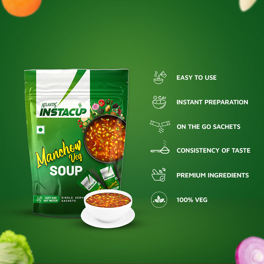 ATLANTIS INSTACUP MANCHOW Veg Single Serve Sachets Soup Pack | Zesty Flavor 18 Sachets X 20 Grams | Travel-Friendly Zipper Lock Pack | Just Add Hot Water & Stir