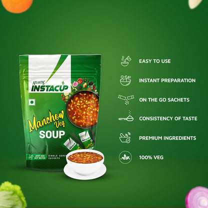 ATLANTIS INSTACUP MANCHOW Veg Single Serve Sachets Soup Pack | Zesty Flavor 18 Sachets X 20 Grams | Travel-Friendly Zipper Lock Pack | Just Add Hot Water & Stir